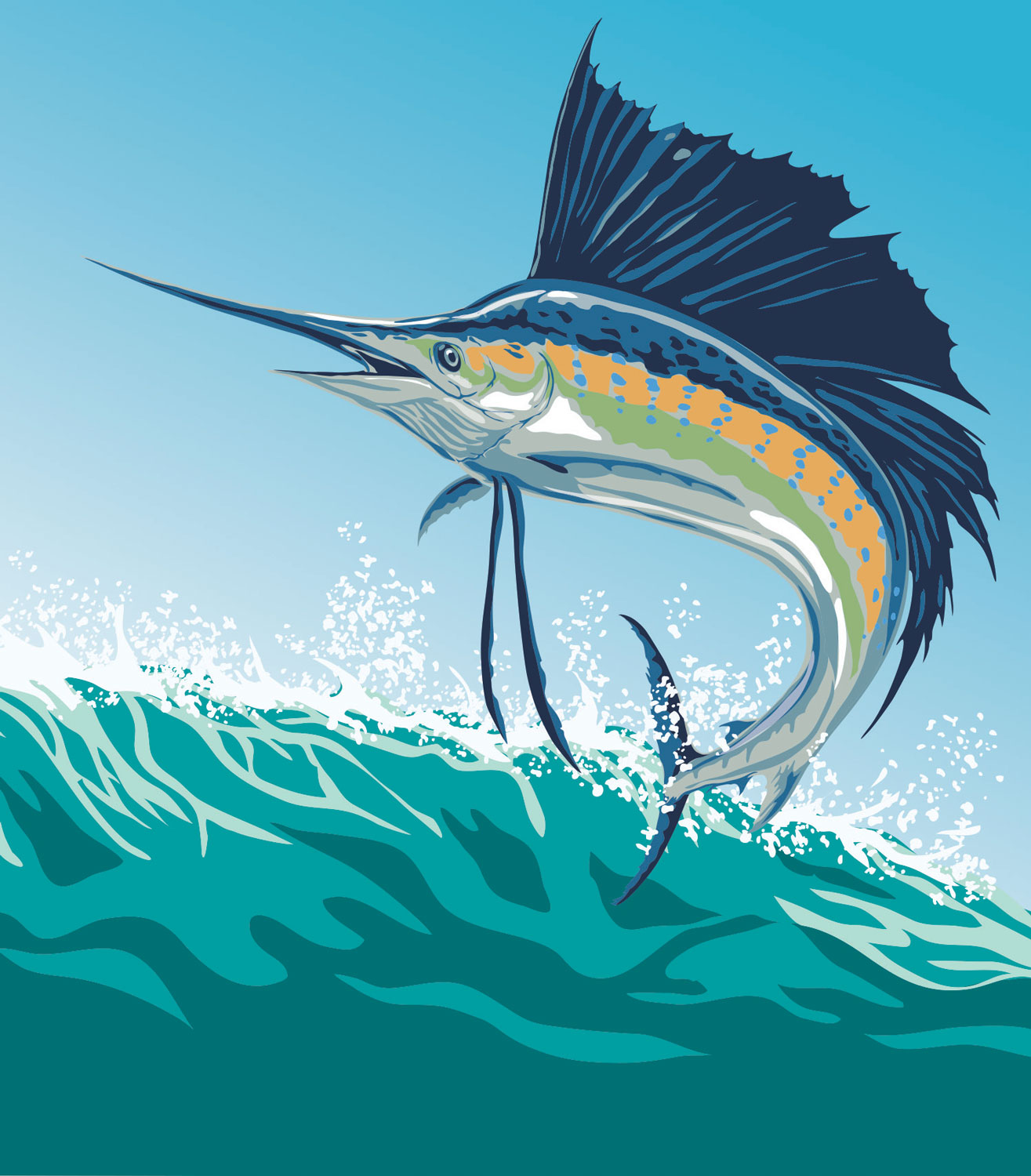 Sailfish jumping out of the water illustration